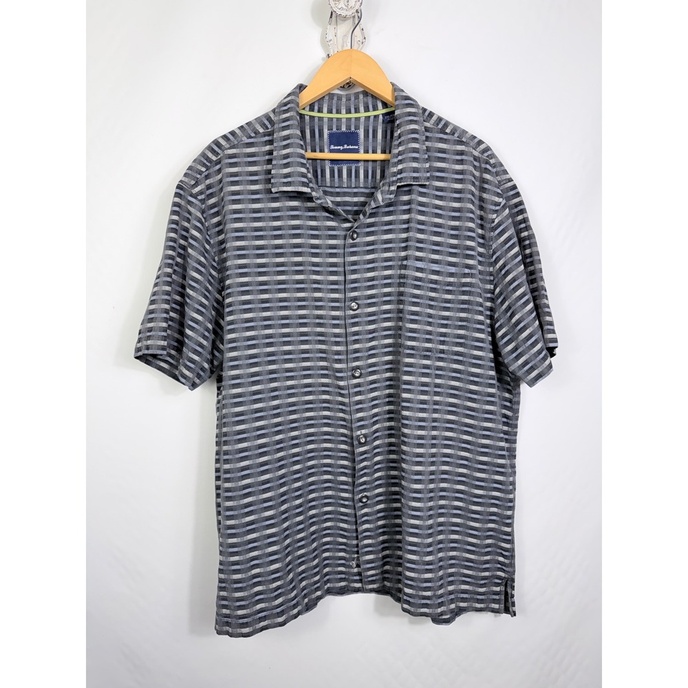 Tommy Bahama Shirt Mens XXL Grey Plaid Silk Cotton Blend Short‎ Sleeve Button Up